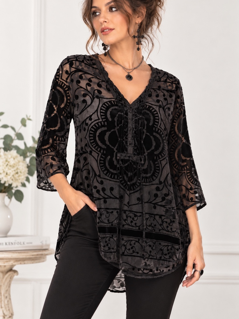 Garnet Hill Black Velvet Burnout Tunic Top with Cami 3/4 sleeves sz 6